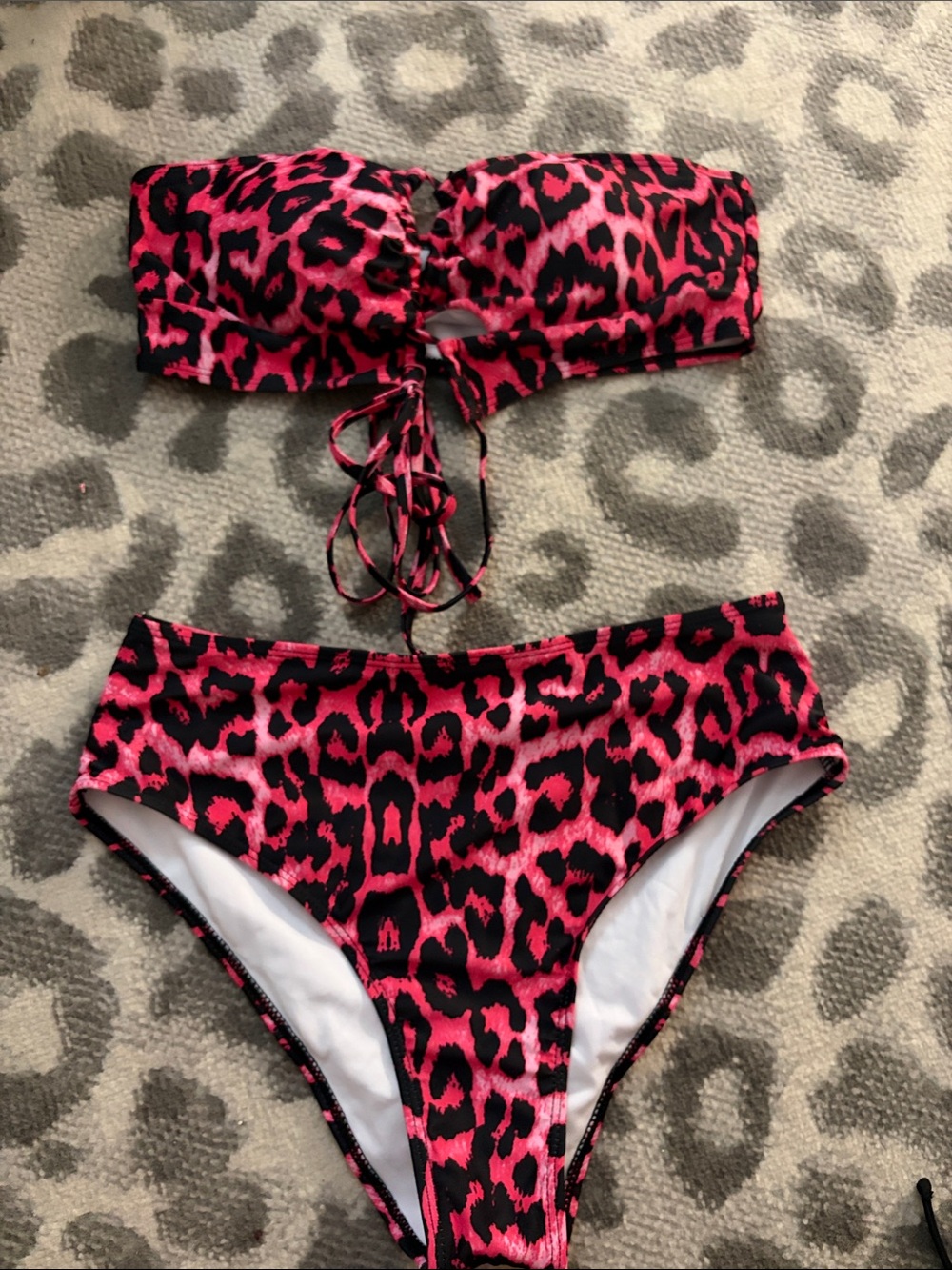 SHEIN Pink and Black Leopard Print Bandeau Bikini Set